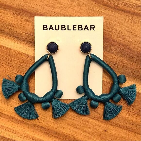BaubleBar | Teal Teardrop Tassel Earrings | 3” Length - Picture 1 of 4